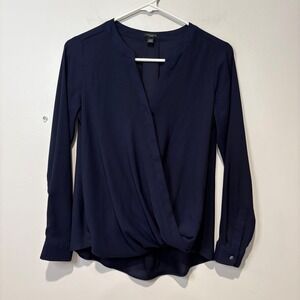 Ann Taylor‎ Petite XXSP Navy Blue Long Sleeve Faux Wrap Blouse Career Office